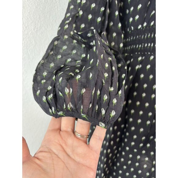 Melissa Nepton women's small black floral Robe Mona peasant smocked mini dress‎ - Picture 5 of 10